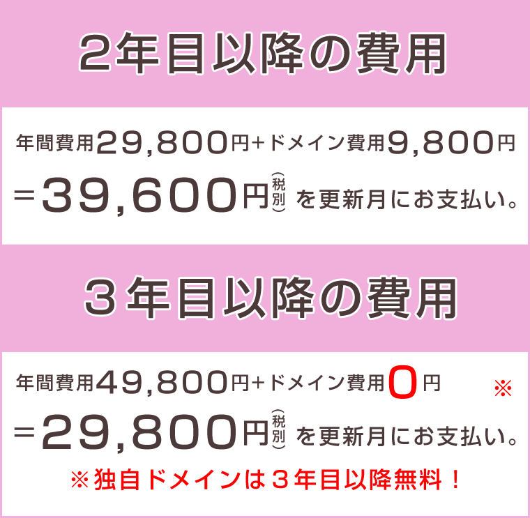 2年目以降の費用 年間費用29,800円+ドメイン費用9,800円=39,600円税別を更新月にお支払い。3年目以降の費用 年間費用29,800円+ドメイン費用0円=29,800円税別を更新月にお支払い。