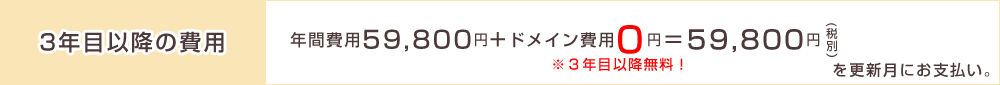 年間費用59,800円+ドメイン費用0円=59,800円税別を更新月にお支払い。