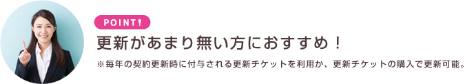 更新があまり無い方におすすめ!※毎年の契約更新時に付与される更新チケットを利用か、更新チケットの購入で更新可能。