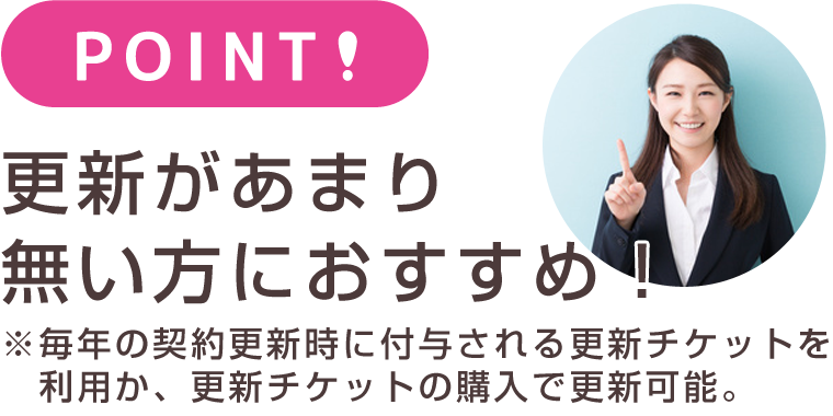 更新があまり無い方におすすめ!※毎年の契約更新時に付与される更新チケットを利用か、更新チケットの購入で更新可能。