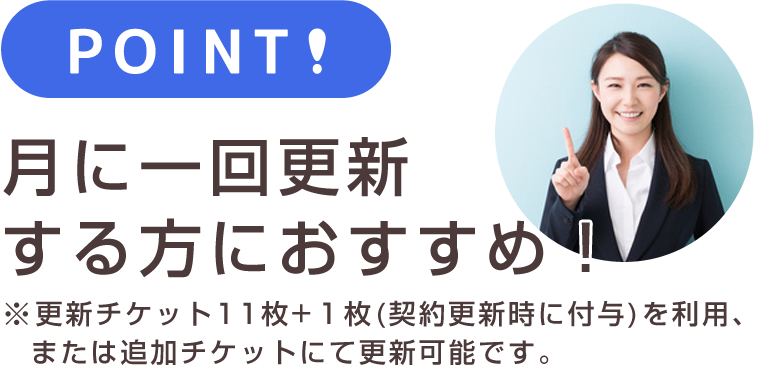 月に一回程度更新する方におすすめ!※毎年の契約更新時に付与される更新チケットを利用か、更新チケットの購入で更新可能。